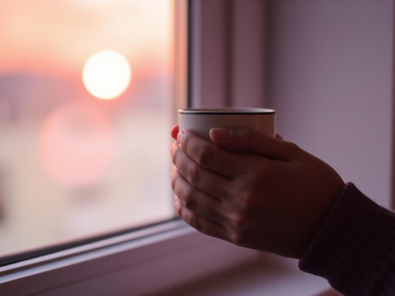 Hands holding a warm mug by a window at dawn