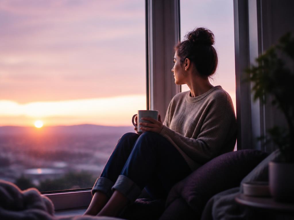 Person watching the sunrise with a cup of tea, feeling hopeful