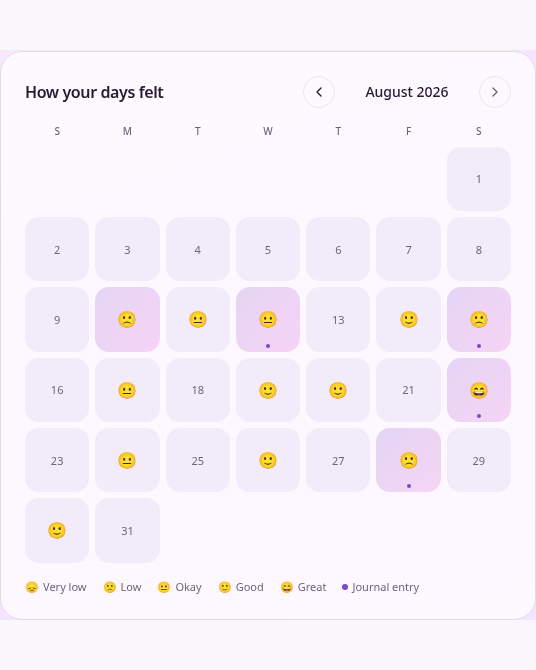 HELD mood calendar with emojis marking how each day felt